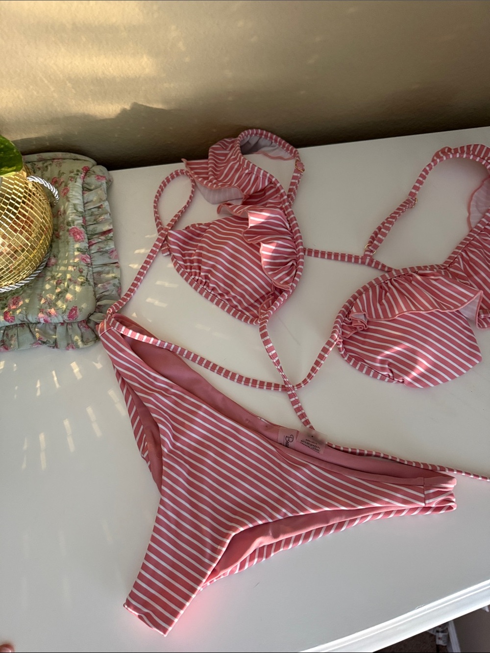 Beach Bunny Pink & White Striped Ruffle Bikini Set